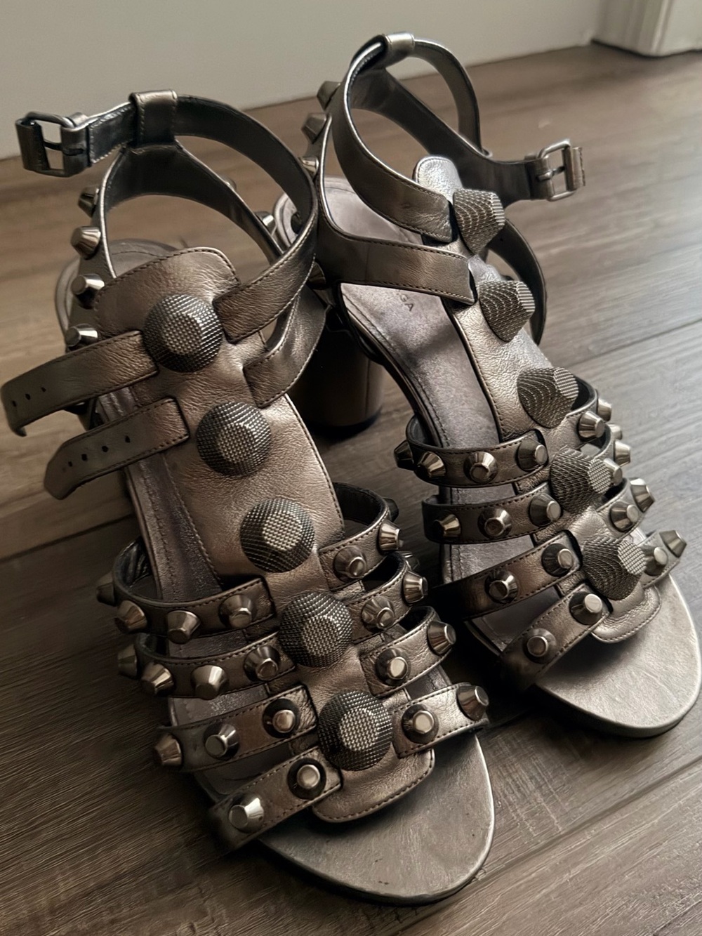 Balenciaga Metallic gladiator Studded Women's Block Heel Sandals - Bronze/pewter